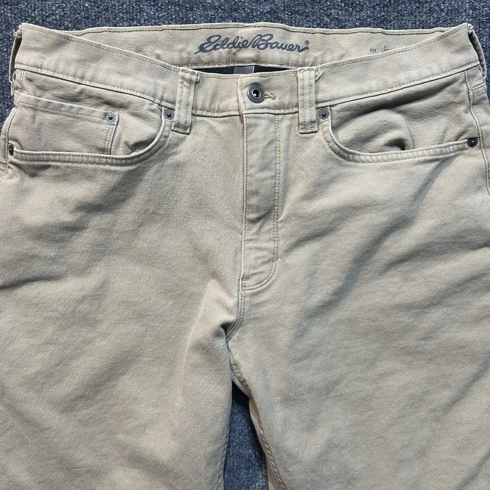 Eddie Bauer Mens Fleece Lined Canvas Pants 33x32 Straight Fit Khaki Tan Winter